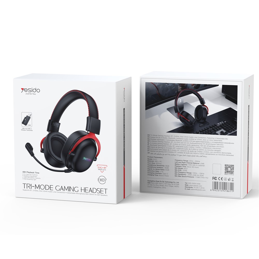 Casque Gamer Sans Fil Yesido EK07 – 3 Modes Bluetooth 5.2, 2.4G & Jack 3,5 mm, Micro Amovible – Image 6