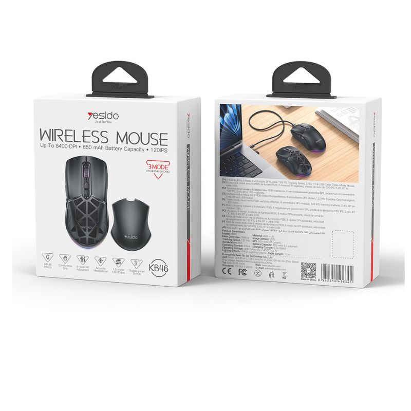KB46 Souris Gaming Sans Fil 3 Modes RGB 6400 DPI Noir – YESIDO