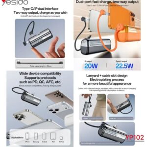 YP102 Batterie Externe 5000 mAh Charge Rapide 22,5W – YESIDO